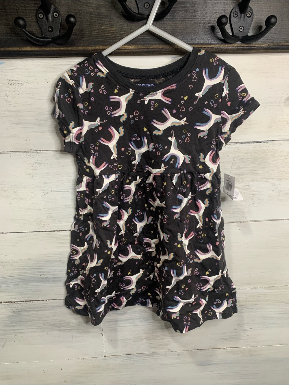 Old Navy Black Short Sleeve Unicorn Print Dress with Pastel Accents